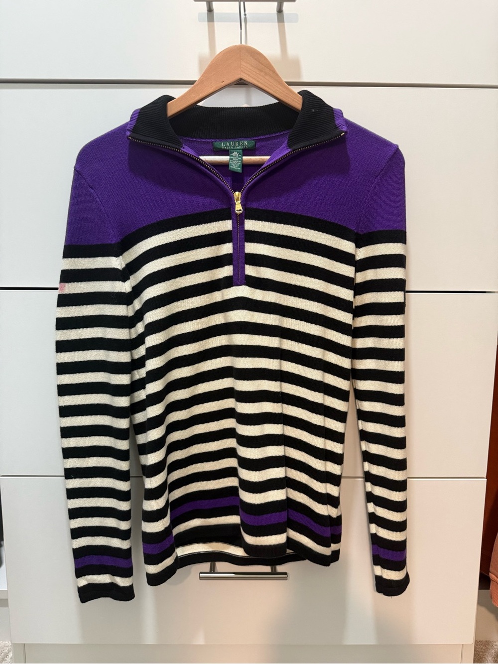 Lauren Ralph Lauren Purple, Black & White Striped Half-Zip Sweater (Small Stain)